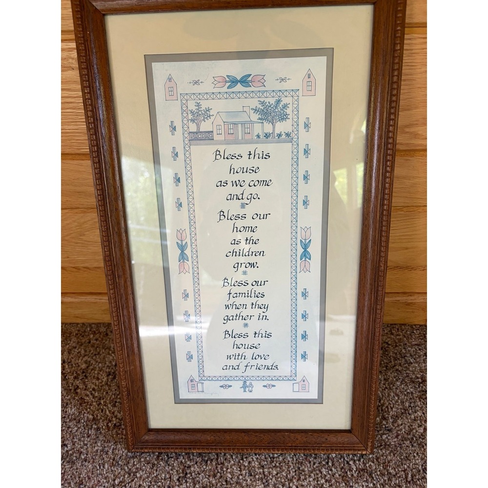 Vintage CHARLES F HUMPHREY Bless This House Calligraphy Print, Faux cross stitch